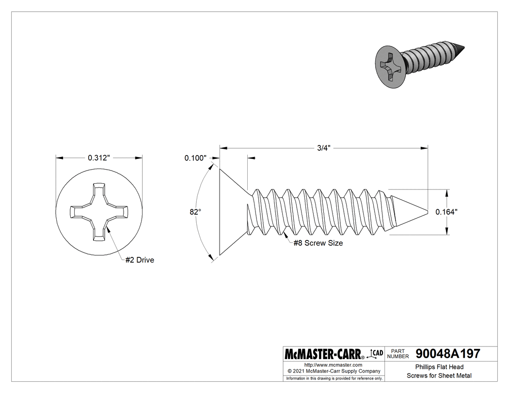 Technical Drawing of Zinc-Plated Steel Phillips Flat Head Screws, for Sheet Metal, Number 8 Size, 3/4" Long.